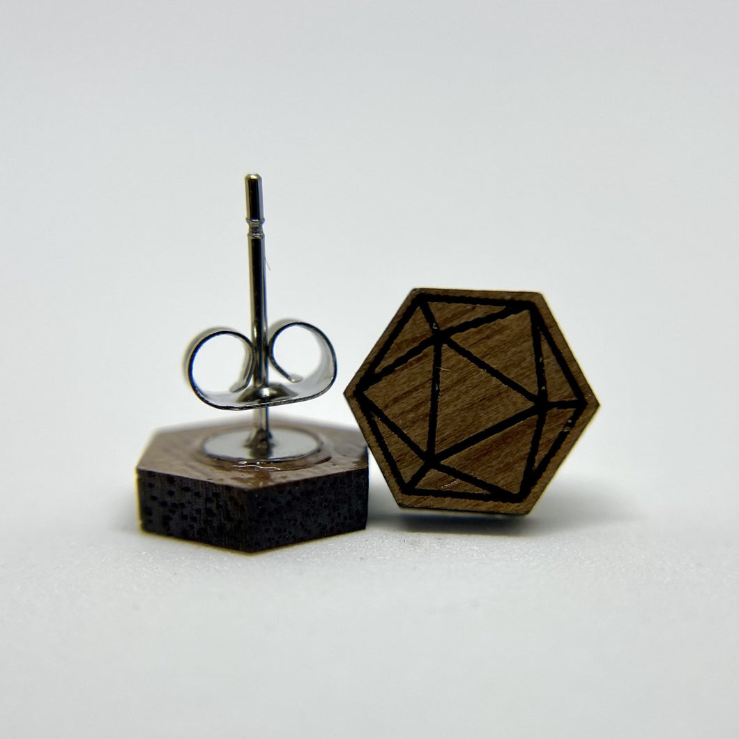 Small d20 Walnut Wood Earrings
